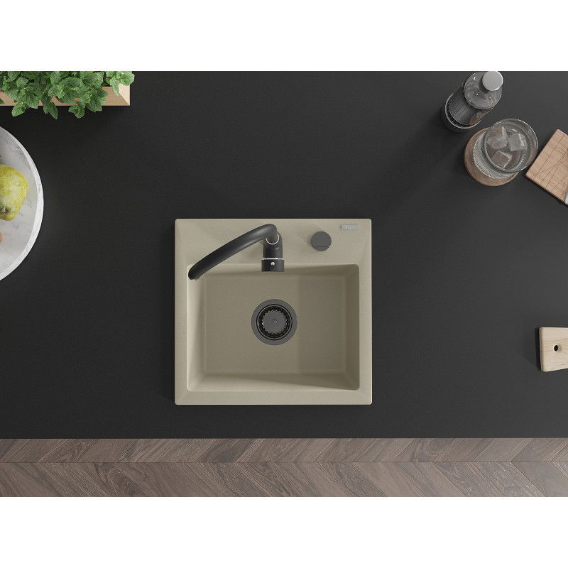 Mexen Milo granito plautuvė 1-skyriumi 435 x 410 mm, smėlio spalvos, juodas sifonas - 6505441000-69-B