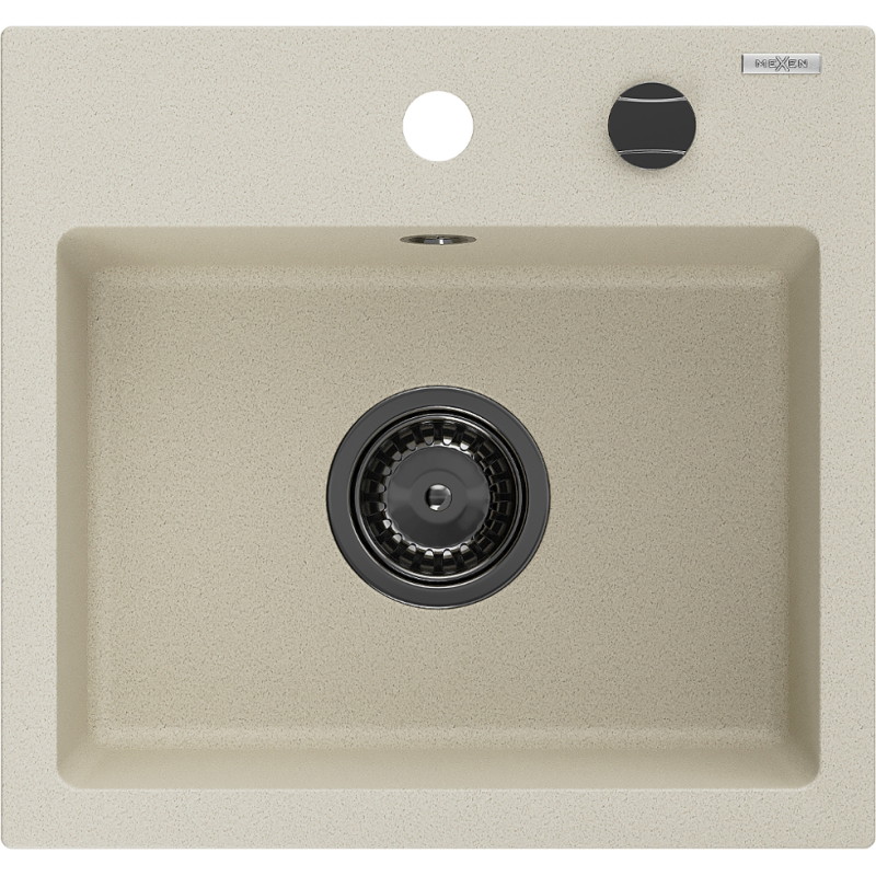 Mexen Milo granitinė virtuvinė plautuvė su viena kamera 435 x 410 mm, smėlinė, juodas sifonas - 6505441000-69-B
