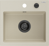 Mexen Milo granitinė virtuvinė plautuvė su viena kamera 435 x 410 mm, smėlinė, juodas sifonas - 6505441000-69-B