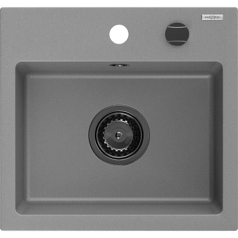 Mexen Milo granitinė virtuvės kriauklė, 1 skyrius, 435 x 410 mm, pilka, juodas sifonas - 6505441000-71-B