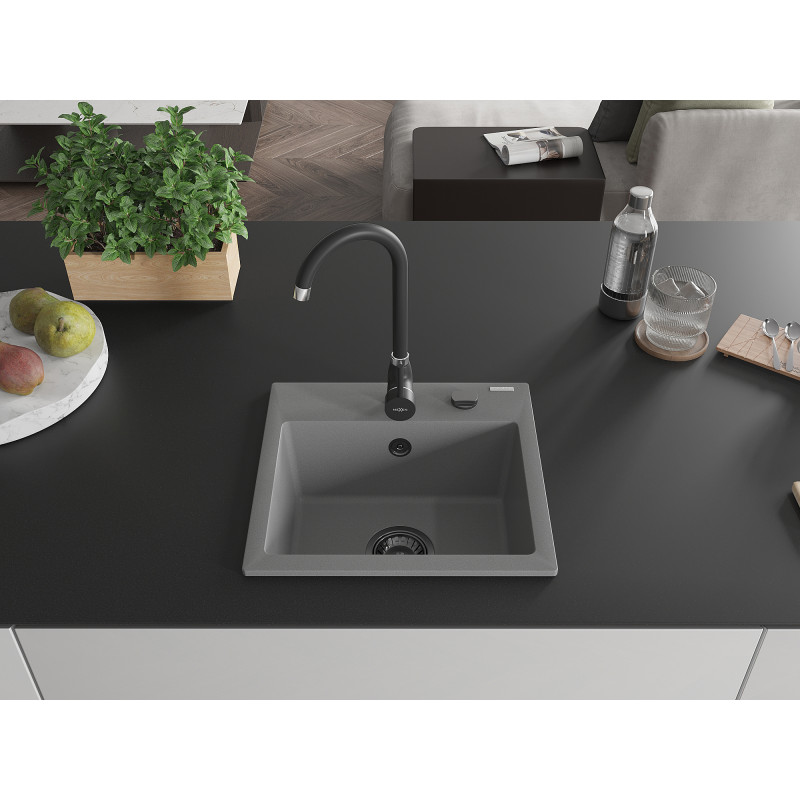 Mexen Milo granitinė vienos kameros kriauklė 435 x 410 mm, pilka, juodas sifonas - 6505441000-71-B