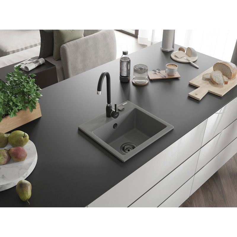 Mexen Milo granitinė virtuvės kriauklė, 1 skyrius, 435 x 410 mm, pilka, juodas sifonas - 6505441000-71-B