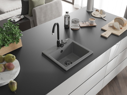 Mexen Milo vienguba granitinė plautuvė 435 x 410 mm, Pilka, sifonas Juoda - 6505441000-71-B