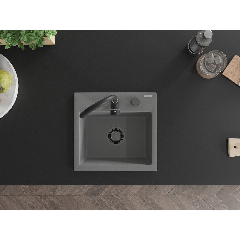 Mexen Milo granitinė virtuvės kriauklė, 1 skyrius, 435 x 410 mm, pilka, juodas sifonas - 6505441000-71-B