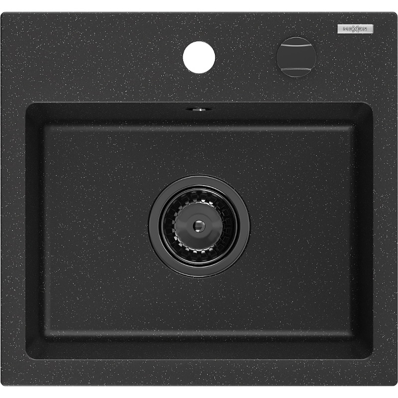 Mexen Milo granitinė vienos dalies plautuvė 435 x 410 mm, juoda/sidabrinis metalikas, juodas sifonas - 6505441000-73-B