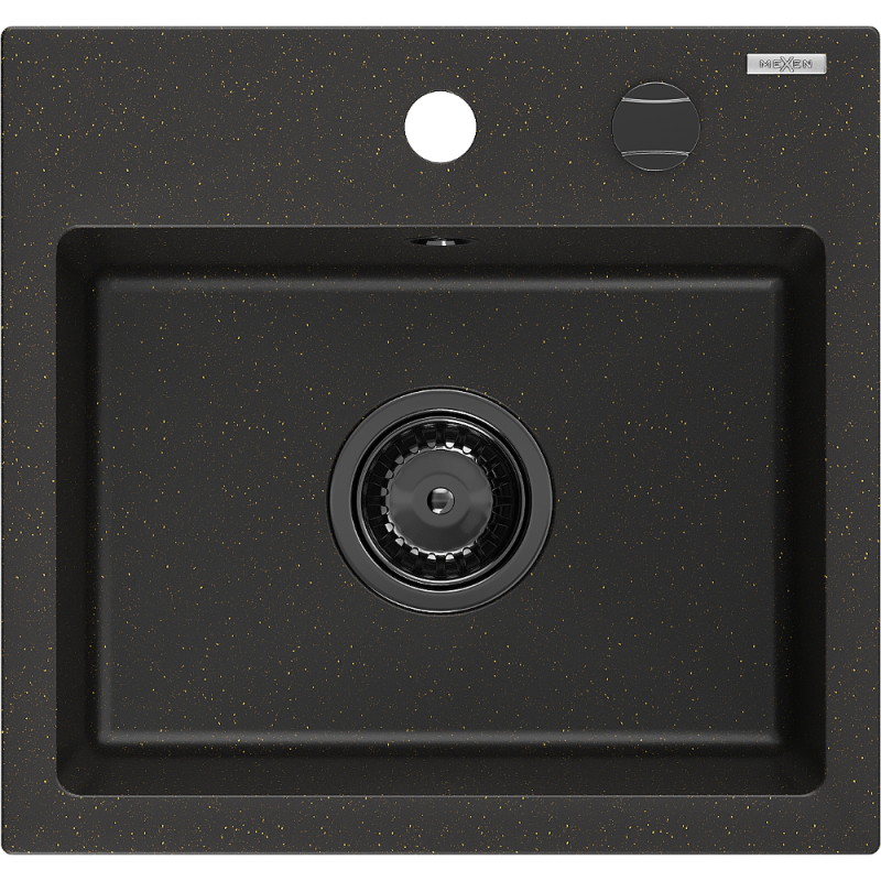 Mexen Milo granitinė plautuvė 1-bolė 435 x 410 mm, juoda/auksinis metalikas, juodas sifonas - 6505441000-75-B