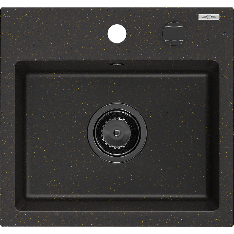 Mexen Milo granitinė plautuvė su 1 kamera 435 x 410 mm, juoda/aukso metalikas, juodas sifonas - 6505441000-75-B