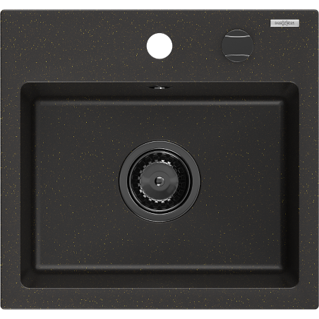 Mexen Milo granitinė plautuvė su 1 kamera 435 x 410 mm, juoda/aukso metalikas, juodas sifonas - 6505441000-75-B