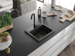 Mexen Milo vienguba granitinė plautuvė 435 x 410 mm, Juoda/Auksinė metallic, sifonas Juoda - 6505441000-75-B