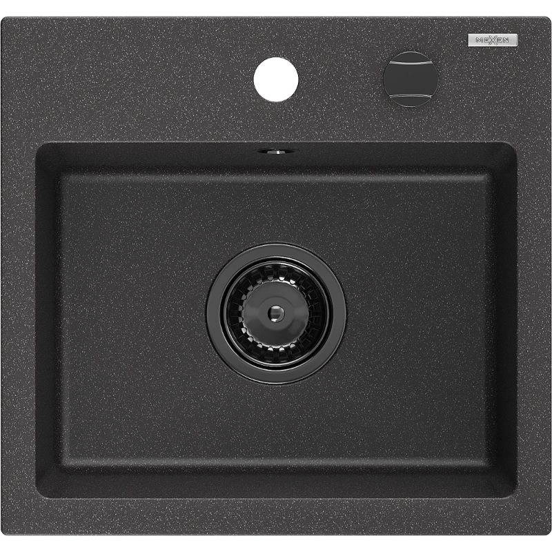 Mexen Milo granitinė vienos kameros plautuvė 435 x 410 mm, juoda dėmėta, juodas sifonas - 6505441000-76-B