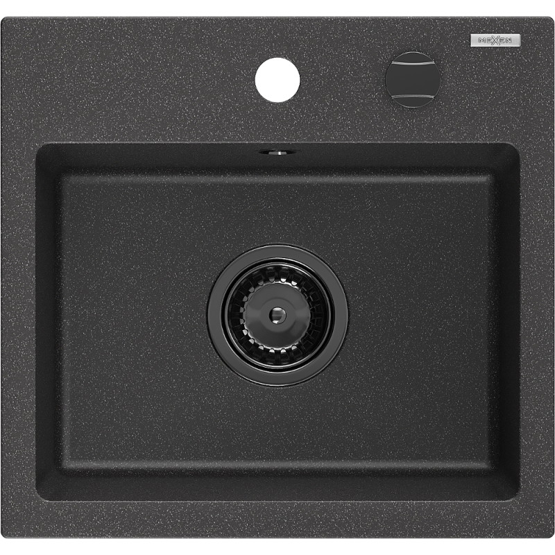 Mexen Milo granitinė vienos kameros plautuvė 435 x 410 mm, juoda taškuota, juodas sifonas - 6505441000-76-B