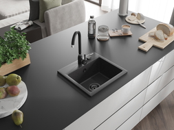 Mexen Milo vienguba granitinė plautuvė 435 x 410 mm, Juodai dėmėtas, sifonas Juoda - 6505441000-76-B