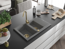 Mexen Gaspar pusantrinė granitinė plautuvė su džiovykle 737 x 475 mm, Pilka, sifonas Auksinė - 6507731505-71-G
