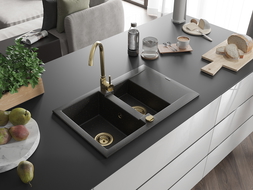 Mexen Gaspar pusantrinė granitinė plautuvė su džiovykle 737 x 475 mm, Juoda/Auksinė metallic, sifonas Auksinė - 6507731505-75-G