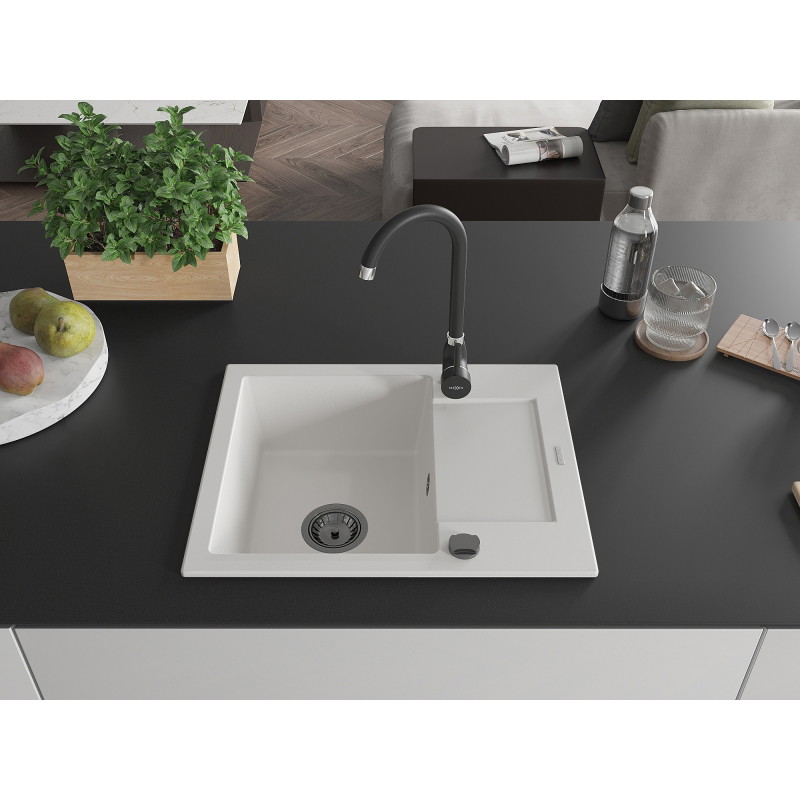 Mexen Enzo 1-skyrelis granito plautuvė su nutekamu, 576 x 465 mm, balta, juodas sifonas - 6506571005-20-B