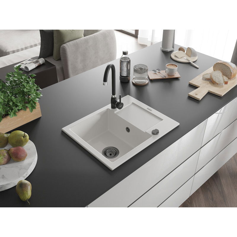 Mexen Enzo granitinė virtuvės kriauklė 1-dubeninė su lašintuvu 576 x 465 mm, balta, juodas sifonas - 6506571005-20-B