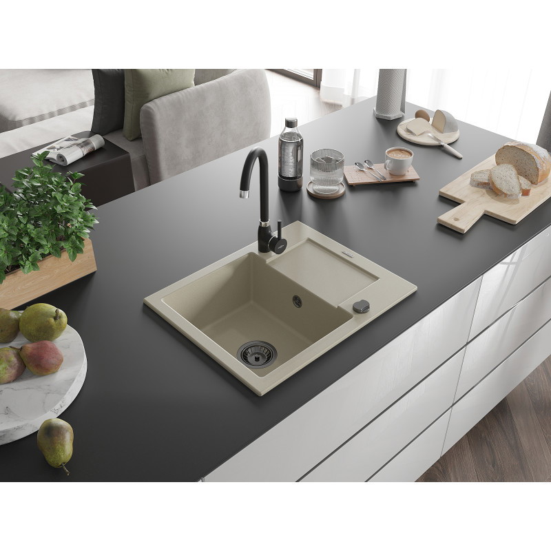 Mexen Enzo granitinė 1-erdvės plautuvė su lašintuvu 576 x 465 mm, smėlinė, juodas sifonas - 6506571005-69-B