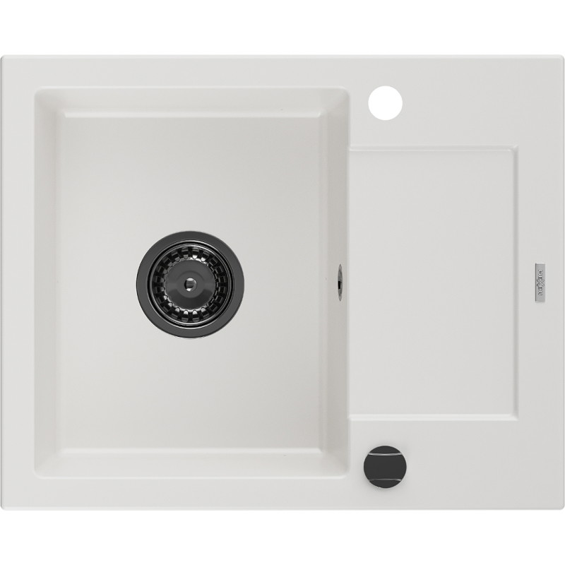 Mexen Enzo 1-skyrelis granito plautuvė su nutekamu, 576 x 465 mm, balta, juodas sifonas - 6506571005-20-B