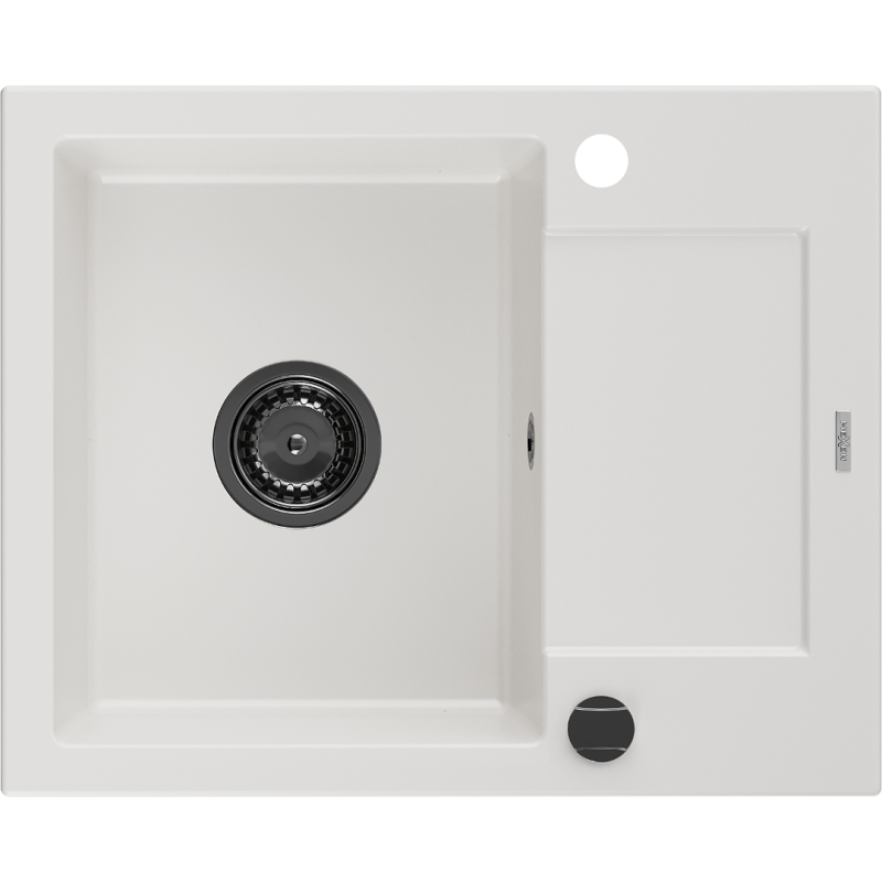 Mexen Enzo granitinė virtuvės kriauklė 1-dubeninė su lašintuvu 576 x 465 mm, balta, juodas sifonas - 6506571005-20-B