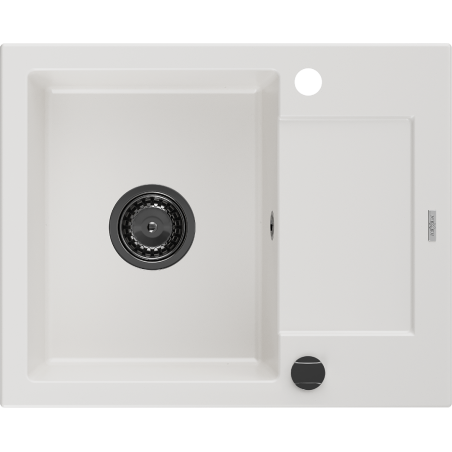 Mexen Enzo granitinė virtuvės kriauklė 1-dubeninė su lašintuvu 576 x 465 mm, balta, juodas sifonas - 6506571005-20-B
