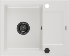 Mexen Enzo granitinė virtuvės kriauklė 1-dubeninė su lašintuvu 576 x 465 mm, balta, juodas sifonas - 6506571005-20-B