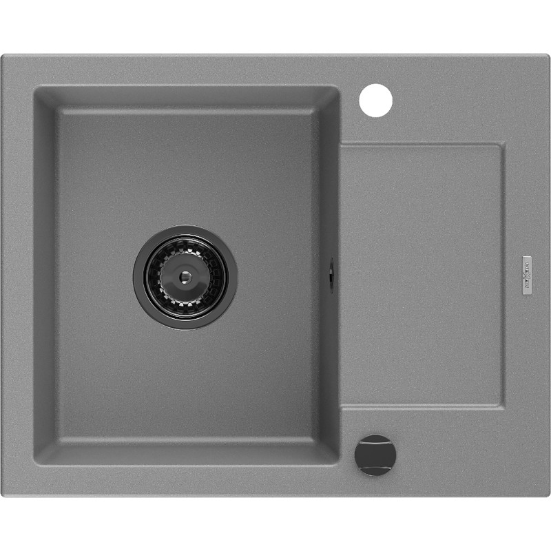Mexen Enzo vienos kameros granitinė kriauklė su nutekėjimo paviršiumi 576 x 465 mm, pilka, juodas sifonas - 6506571005-71-B