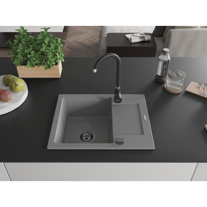 Mexen Enzo 1 kamerinė granitinė plautuvė su nusausintuvu 576 x 465 mm, pilka, sifonas juodas - 6506571005-71-B