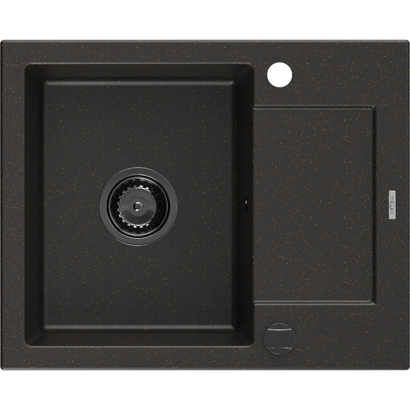 Mexen Enzo granitinė vienos dubens plautuvė su nuvarvėjimo vieta 576 x 465 mm, juoda/auksinė metalika, juodas sifonas