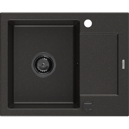 Mexen Enzo granitinė vienos dubens plautuvė su nuvarvėjimo vieta 576 x 465 mm, juoda/auksinė metalika, juodas sifonas