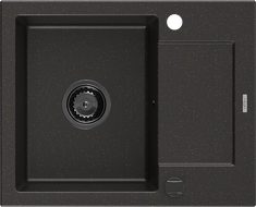 Mexen Enzo granitinė vienos dubens plautuvė su nuvarvėjimo vieta 576 x 465 mm, juoda/auksinė metalika, juodas sifonas