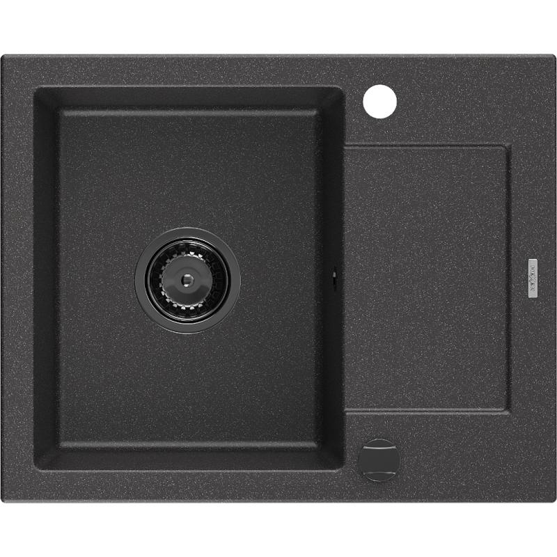 Mexen Enzo granitinė vienos komoros plautuvė su nuvarvėjimo plotu 576 x 465 mm, juoda su taškeliais, juodas sifonas