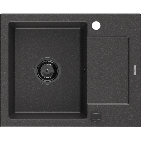 Mexen Enzo granitinė vienos komoros plautuvė su nuvarvėjimo plotu 576 x 465 mm, juoda su taškeliais, juodas sifonas