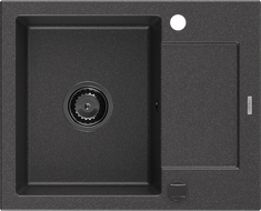 Mexen Enzo granitinė vienos komoros plautuvė su nuvarvėjimo plotu 576 x 465 mm, juoda su taškeliais, juodas sifonas