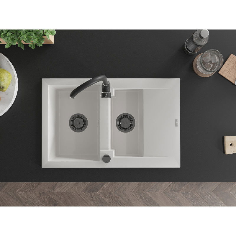 Mexen Gaspar granitinė dviejų kamerų 1,5 kriauklė su nutekėjimo vieta 737 x 475 mm, balta, juodas sifonas - 6507731505-20-B