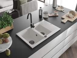 Mexen Gaspar granitinė dviejų kamerų 1,5 kriauklė su nutekėjimo vieta 737 x 475 mm, balta, juodas sifonas - 6507731505-20-B