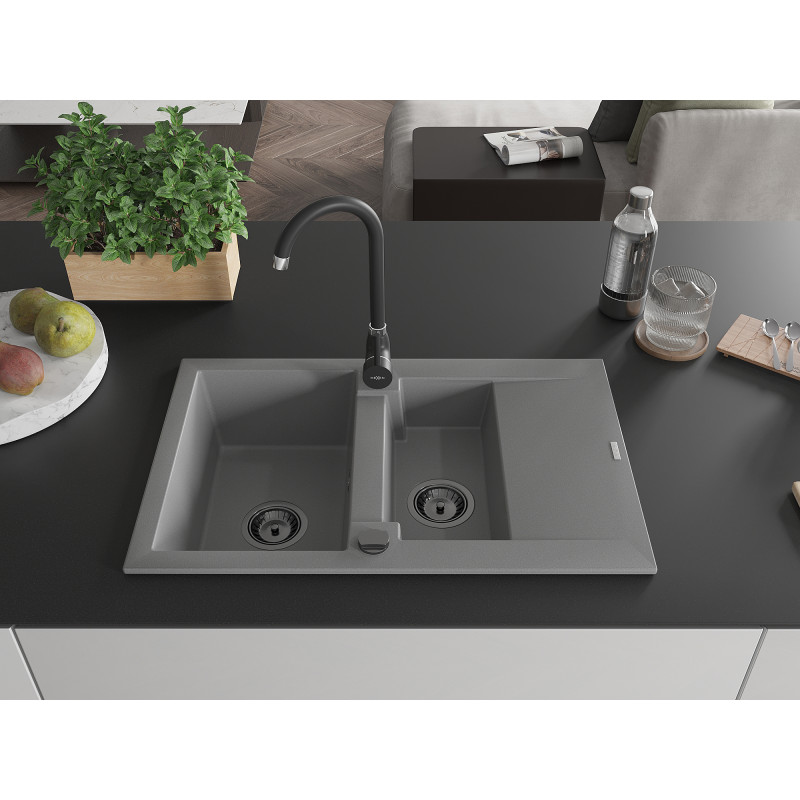 Mexen Gaspar granitinė virtuvės plautuvė 1,5 plautuvės su nusausinimu 737 x 475 mm, pilka, juodas sifonas - 6507731505-71-B