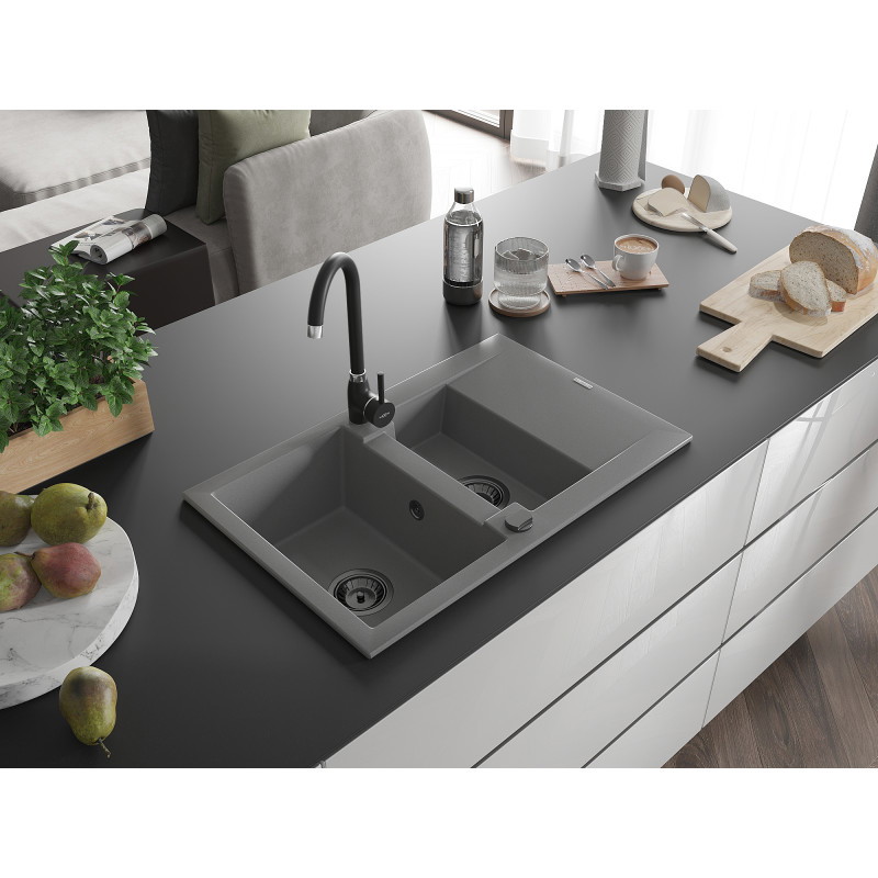 Mexen Gaspar granitinė virtuvės plautuvė 1,5 plautuvės su nusausinimu 737 x 475 mm, pilka, juodas sifonas - 6507731505-71-B