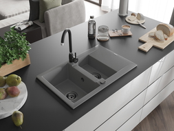 Mexen Gaspar pusantrinė granitinė plautuvė su džiovykle 737 x 475 mm, Pilka, sifonas Juoda - 6507731505-71-B