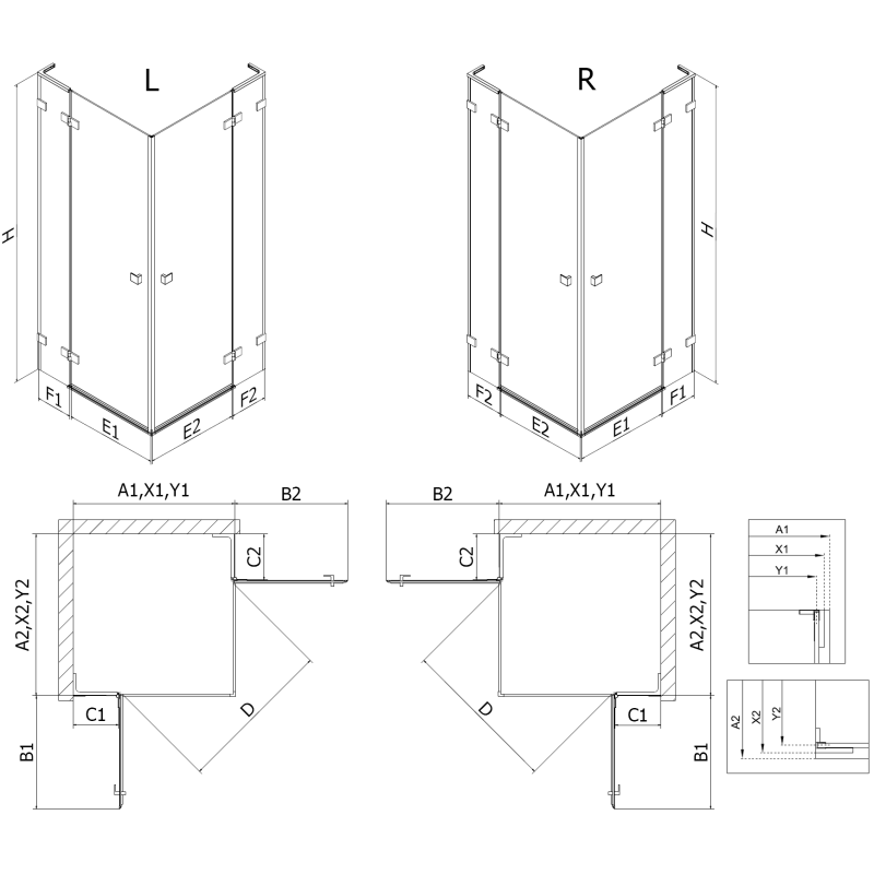 Mexen Lunar L Duo dušo kabina varstoma dešinė 120 x 110 cm, permatoma, šlifuotas varis - 834L-120P-110L-65-00