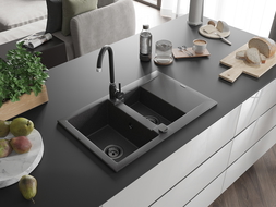 Mexen Gaspar pusantrinė granitinė plautuvė su džiovykle 737 x 475 mm, Juodai dėmėtas, sifonas Juoda - 6507731505-76-B