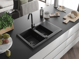 Mexen Gaspar pusantrinė granitinė plautuvė su džiovykle 737 x 475 mm, Juoda, sifonas Juoda - 6507731505-77-B