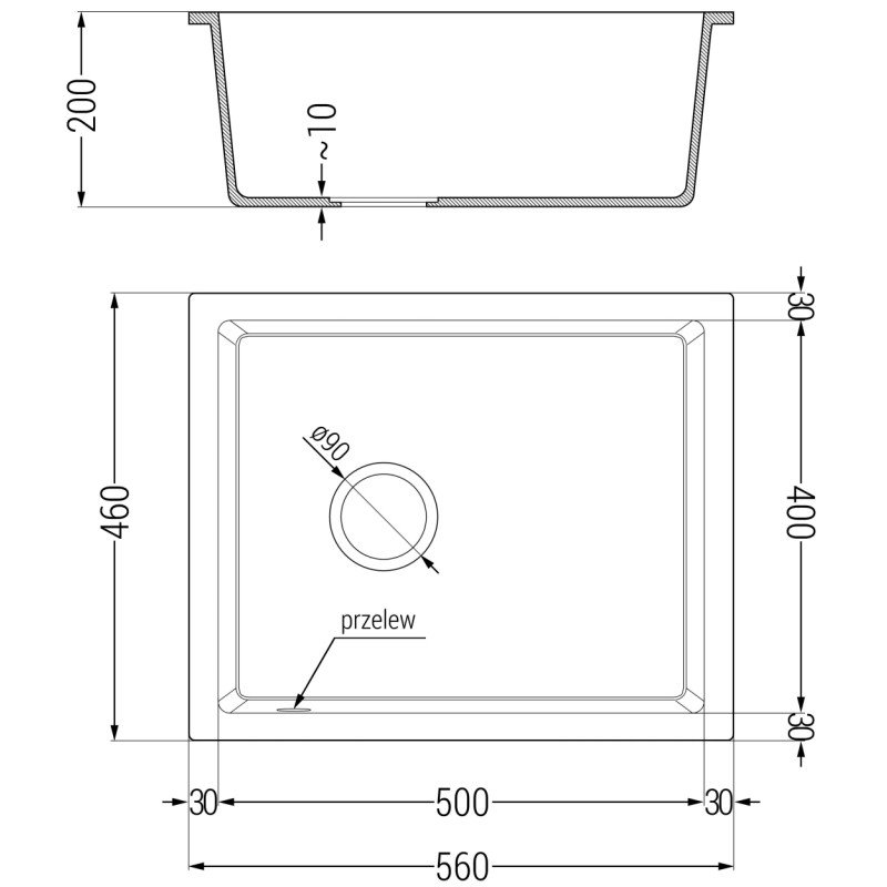 Mexen Pedro granitinė plautuvė 1 kamerinė 560 x 460 mm, pilka, juodas sifonas - 6508561000-71-B