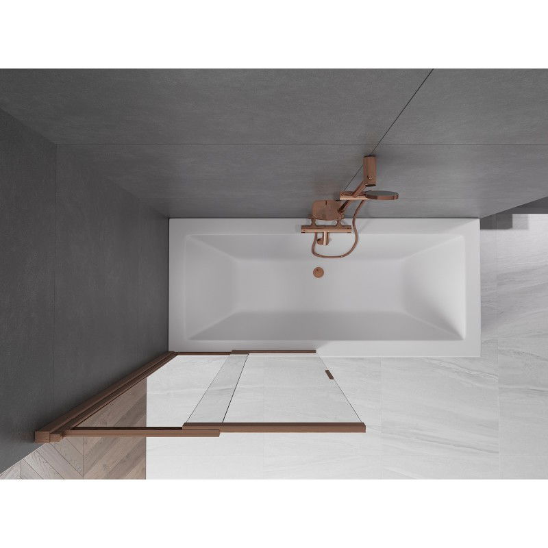 Mexen Fox dviejų dalių stumdomas dušo skydas 85 x 150 cm, skaidrus, šlifuotas varis - 891-085-002-65-00