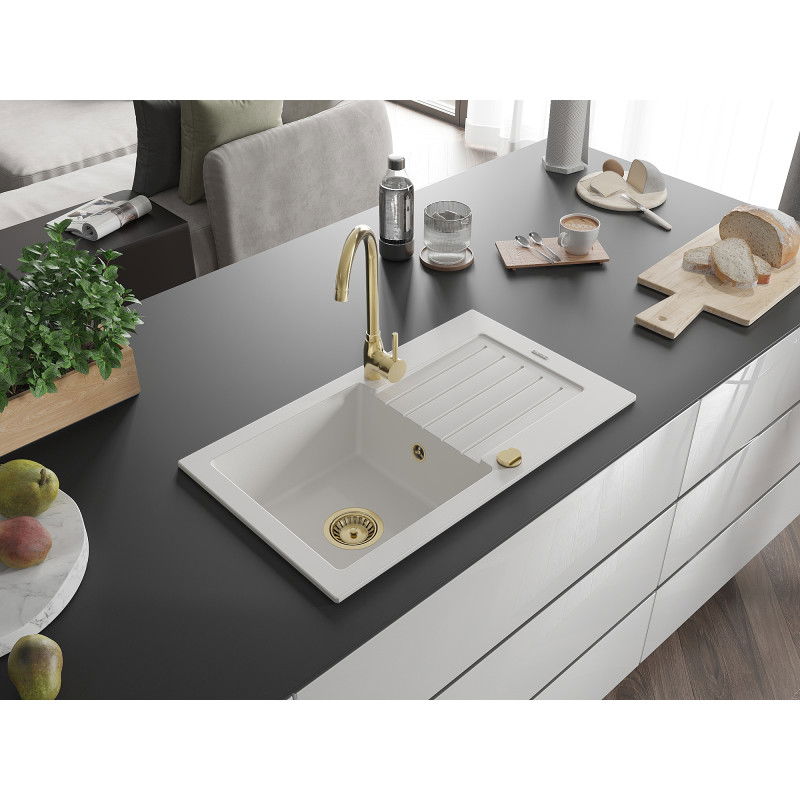 Mexen Pablo granitinis virtuvės kriauklė 1-dubens su nutekėjimu 752 x 436 mm, baltas, auksinis sifonas - 6510751010-20-G