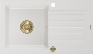 Mexen Pablo granitinis virtuvės kriauklė 1-dubens su nutekėjimu 752 x 436 mm, baltas, auksinis sifonas - 6510751010-20-G