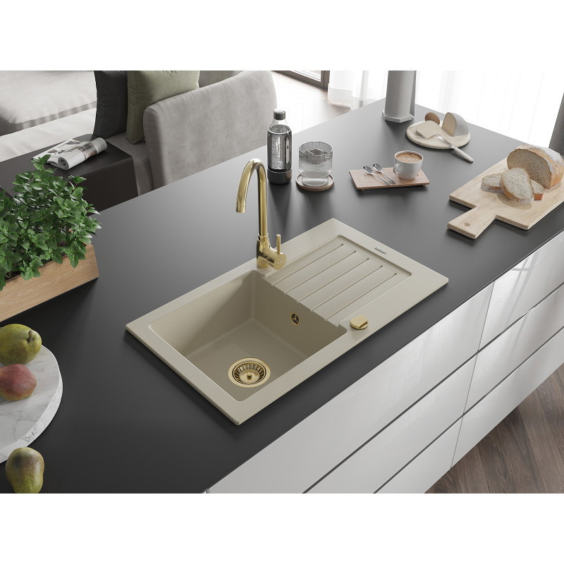Mexen Pablo granitinė virtuvės plautuvė 1-dinės su nusausintoju 752 x 436 mm, smėlinė, sifonas auksinis - 6510751010-69-G