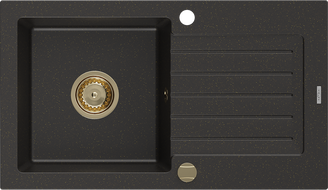 Mexen Pablo vienguba granitinė plautuvė su džiovykle 752 x 436 mm, Juoda/Auksinė metallic, sifonas Auksinė - 6510751010-75-G
