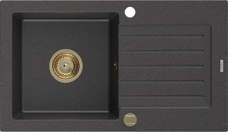 Mexen Pablo granitinė vieno dubens kriauklė su nutekėjimu 752 x 436 mm, juoda taškuota, aukso spalvos sifonas - 6510751010-76-G