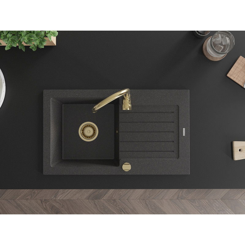 Mexen Pablo granitinė vieno dubens kriauklė su nutekėjimu 752 x 436 mm, juoda taškuota, aukso spalvos sifonas - 6510751010-76-G