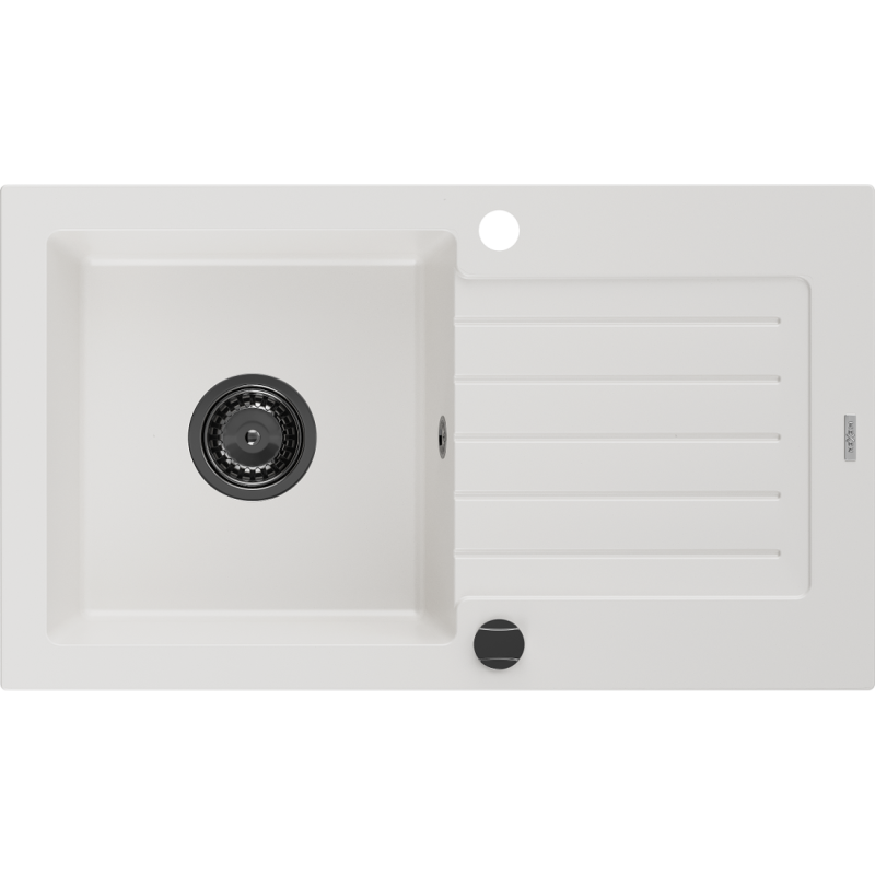 Mexen Pablo granitinė vienos kameros kriauklė su nutekėjimu 752 x 436 mm, balta, juodas sifonas - 6510751010-20-B